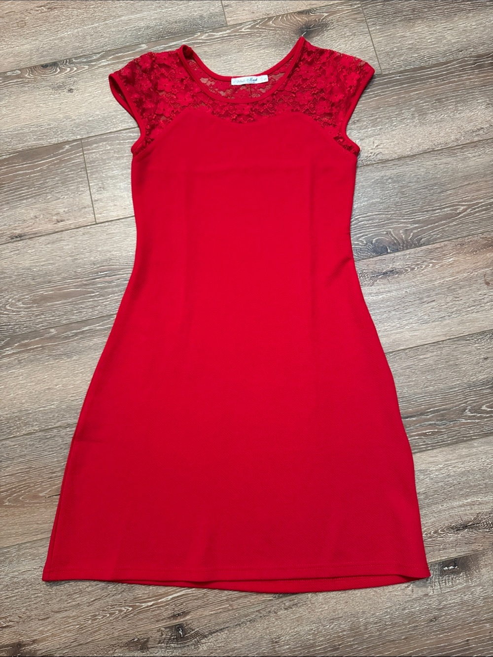 White Mark Red Lace Yoke Cap-Sleeve Mini Dress Small